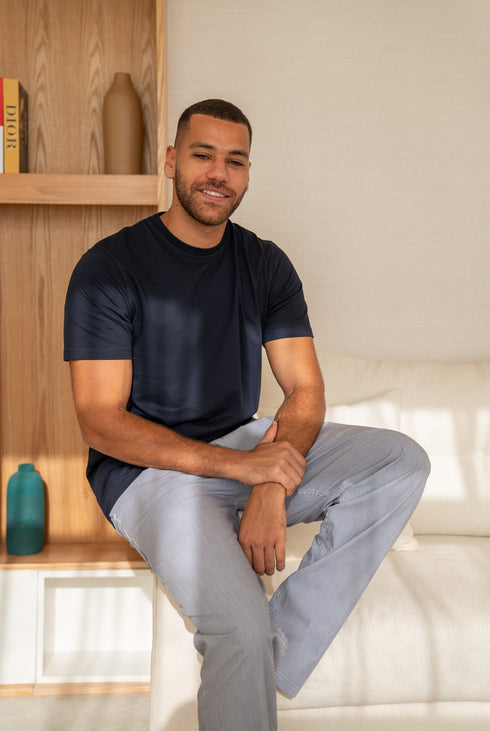 Men summer pajama set Dark Blue T-shirt + Dark Blue X White Striped Pants